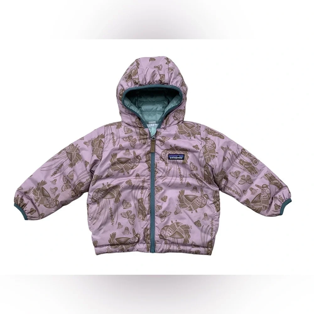 Patagonia Size 2T Reversible Down Sweater Hoodie in Teal Lavender Floral Birds